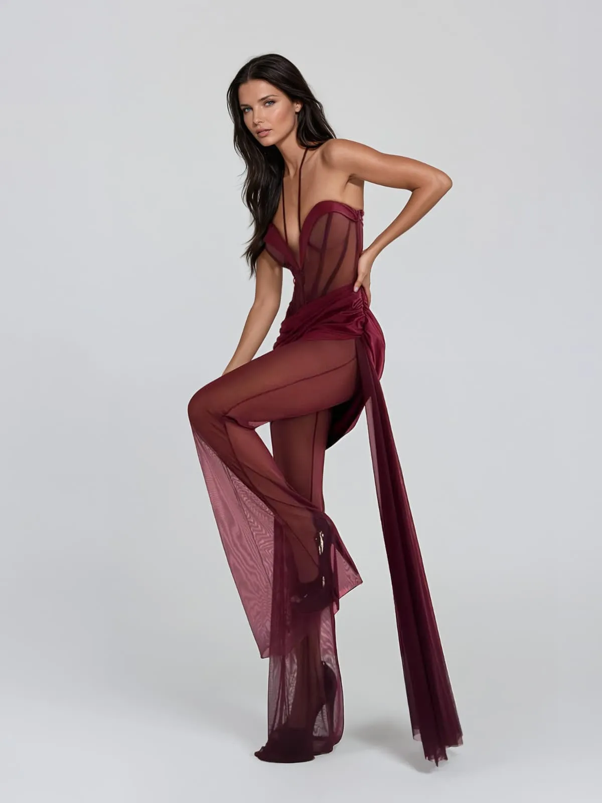 Lavryn Halterneck Mesh Draped Jumpsuit In Wine sold by Mew Mews product image thumbnail 4