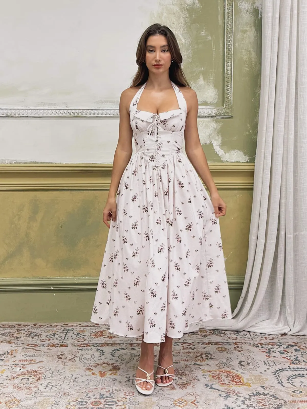 Zavethric Halterneck Lace Up Floral Midi Dress sold by Mew Mews