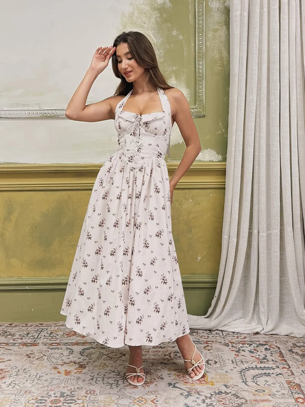 Zavethric Halterneck Lace Up Floral Midi Dress sold by Mew Mews product image thumbnail 5