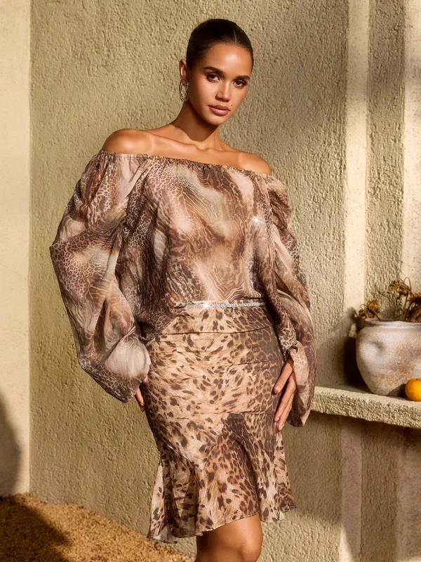 Seldraven Off Shoulder Rhinestone Leopard Skirt Set made by Mew Mews