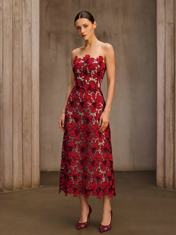 Endelyn Strapless Sequin Floral Midi Dress made by Mew Mews