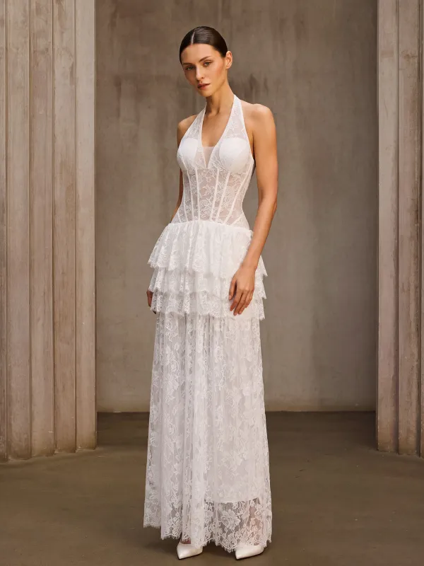 Emiliya Halterneck Lace Tiered Maxi Dress made by Mew Mews