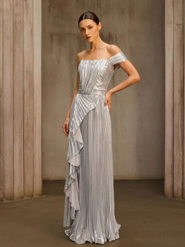Emele One Shoulder Pleated Metallic Dress made by Mew Mews