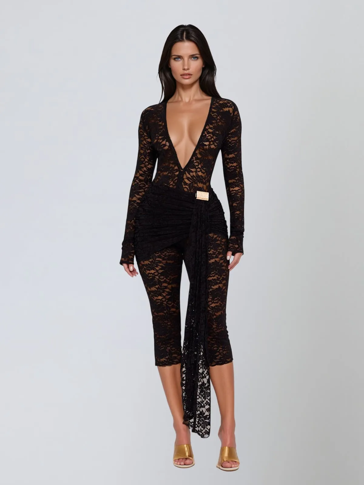 Draelyric Plunge Neck Lace Capri Jumpsuit In Black sold by Mew Mews