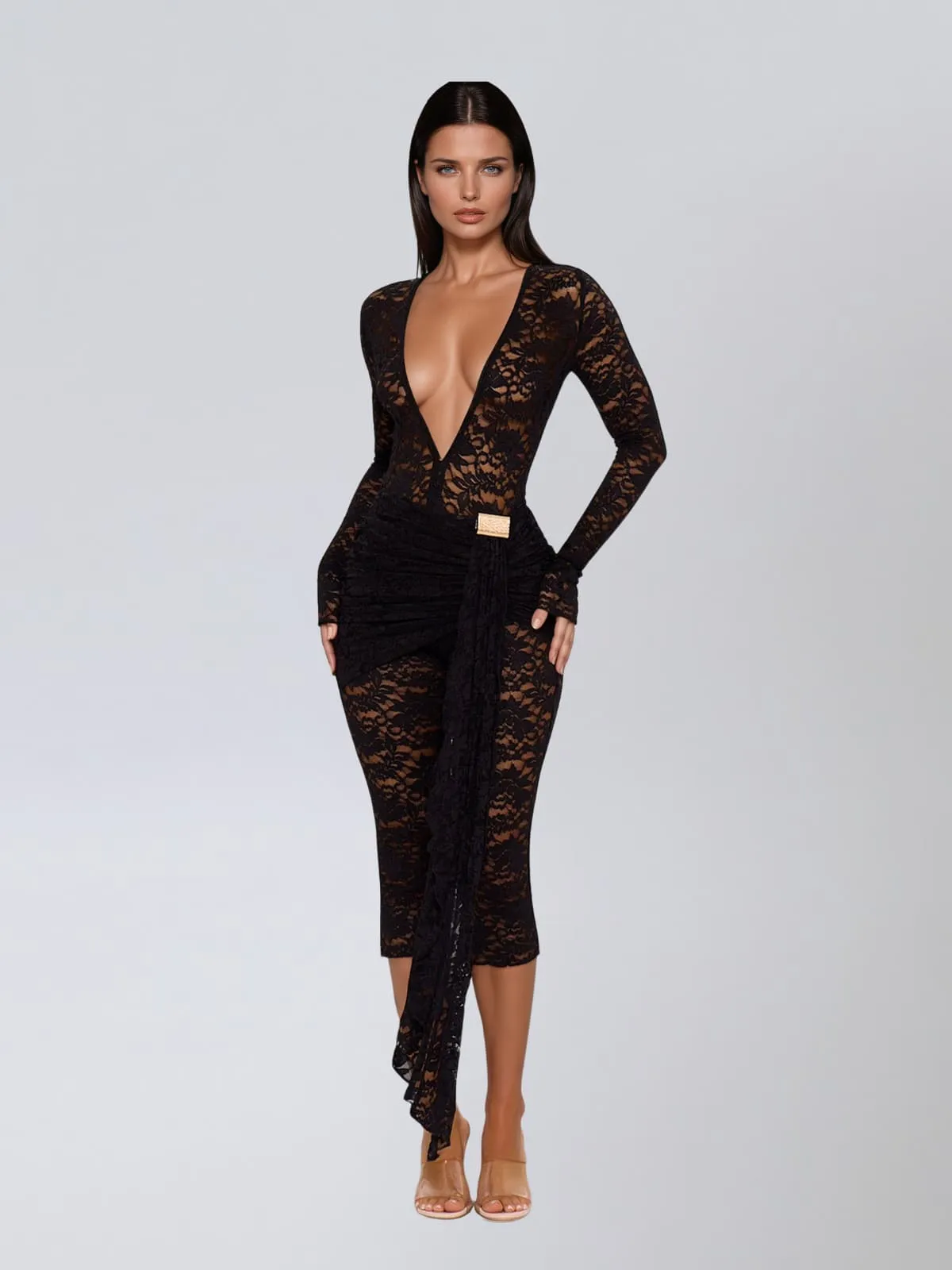 Draelyric Plunge Neck Lace Capri Jumpsuit In Black sold by Mew Mews product image thumbnail 2
