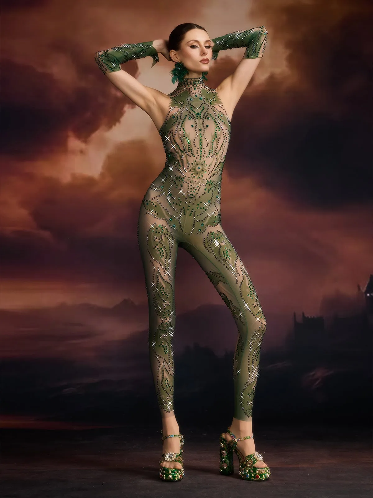 Elisae Sleeveless Rhinestone Jumpsuit sold by Mew Mews