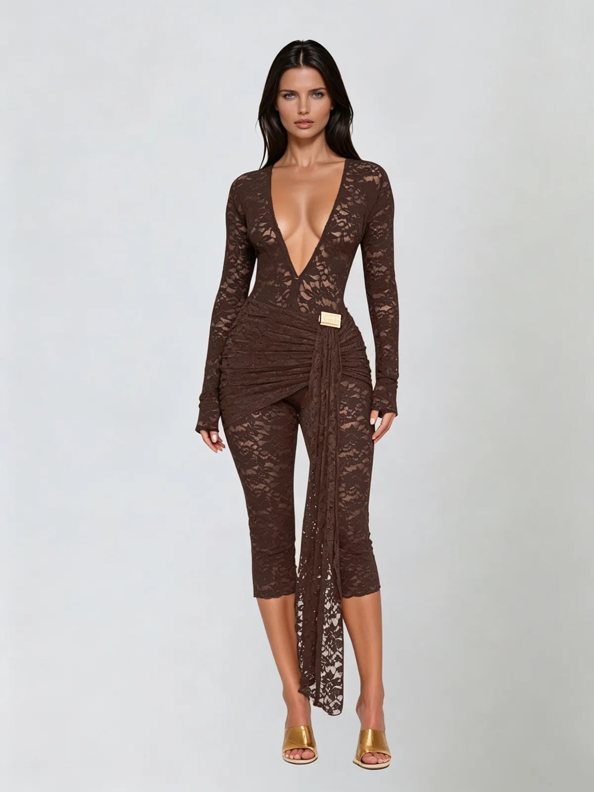 Draelyric Plunge Neck Lace Capri Jumpsuit In Coffee sold by Mew Mews product image thumbnail 2