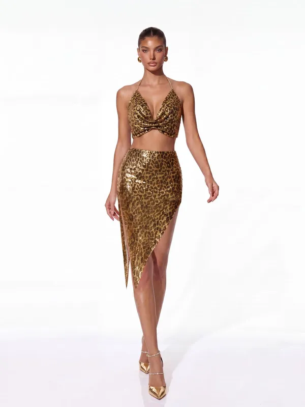 Meldor Halterneck Sequin Leopard Skirt Set made by Mew Mews