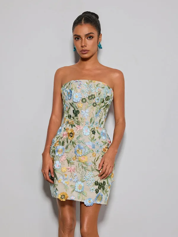 Eudocia Strapless Flower Embroidered Mini Dress made by Mew Mews