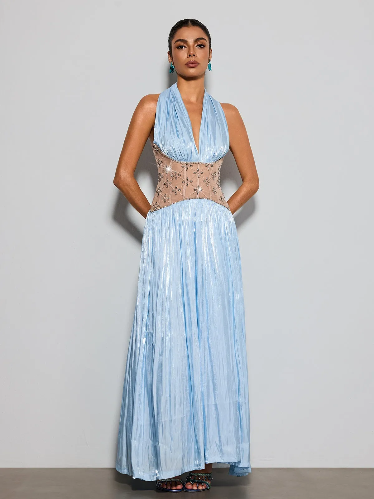 Delvion Halterneck Rhinestone Maxi Dress sold by Mew Mews