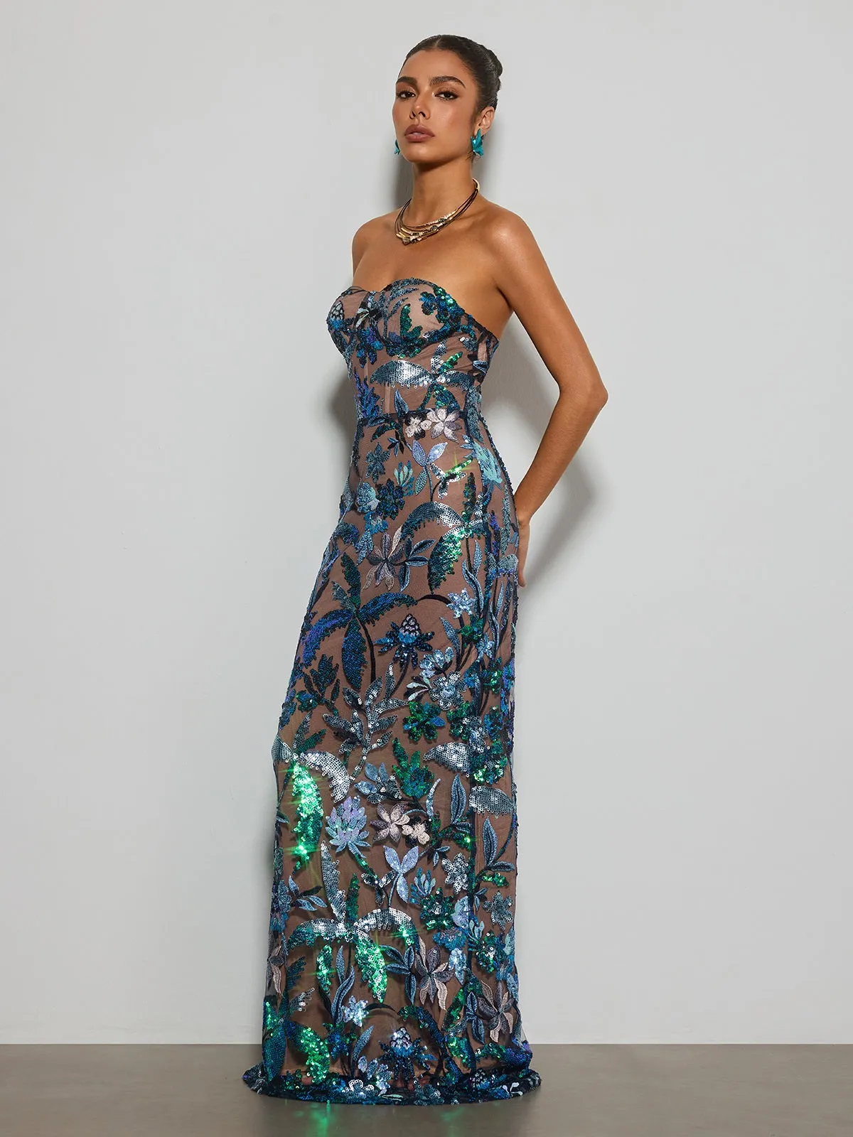 Destaing Strapless Floral Sequin Maxi Dress sold by Mew Mews product image thumbnail 4