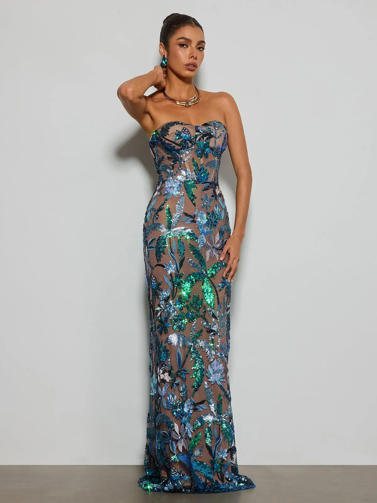 Destaing Strapless Floral Sequin Maxi Dress sold by Mew Mews product image thumbnail 5