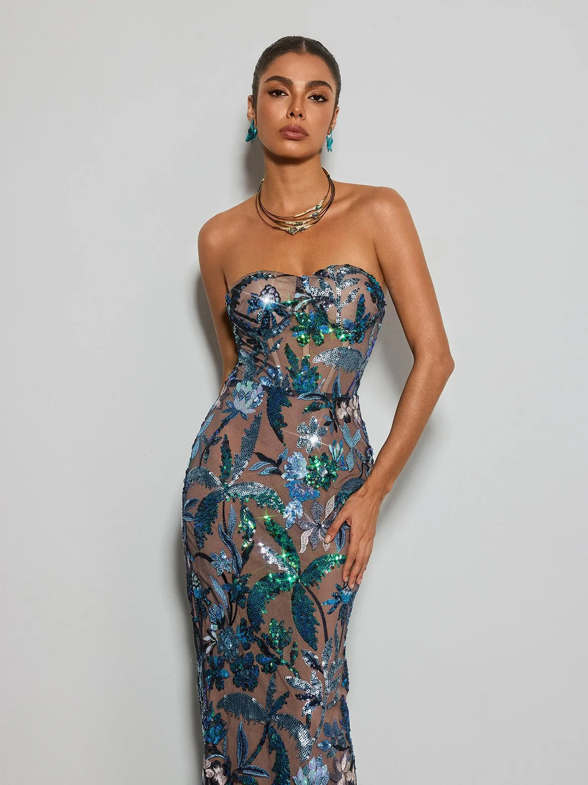 Destaing Strapless Floral Sequin Maxi Dress sold by Mew Mews product image thumbnail 2