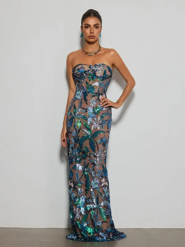 Destaing Strapless Floral Sequin Maxi Dress made by Mew Mews