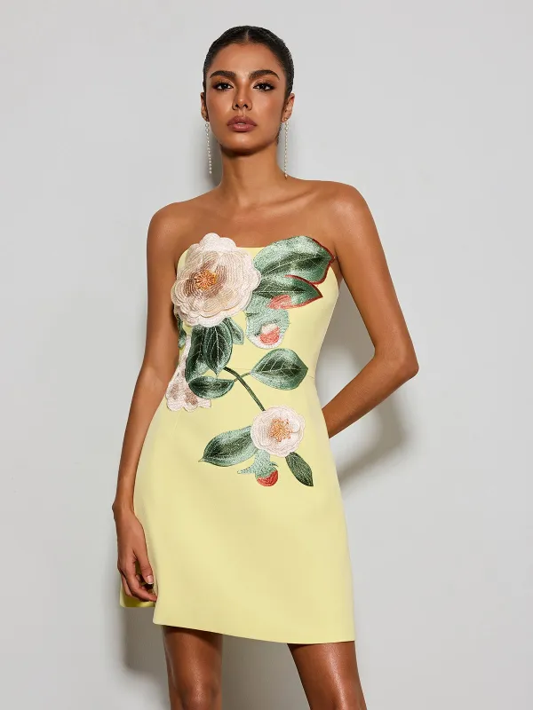 Olaniyi Strapless Flower Embroidered Mini Dress made by Mew Mews