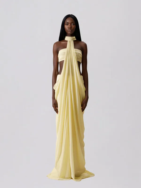 Layric Halterneck Draped Skirt Set In Butter Yellow made by Mew Mews