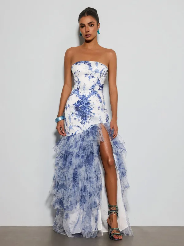 Decoherix Strapless Floral Split Maxi Dress made by Mew Mews