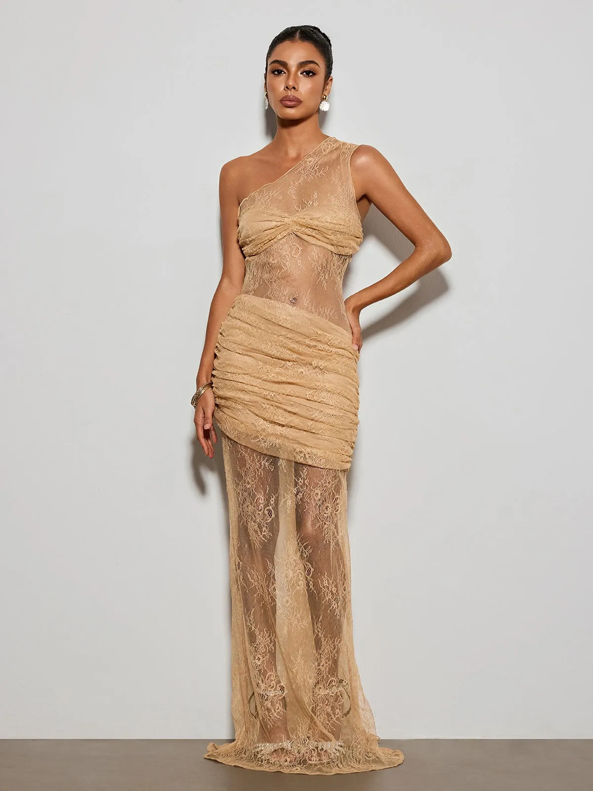 Deylor One Shoulder Lace Ruched Maxi Dress sold by Mew Mews product image thumbnail 3