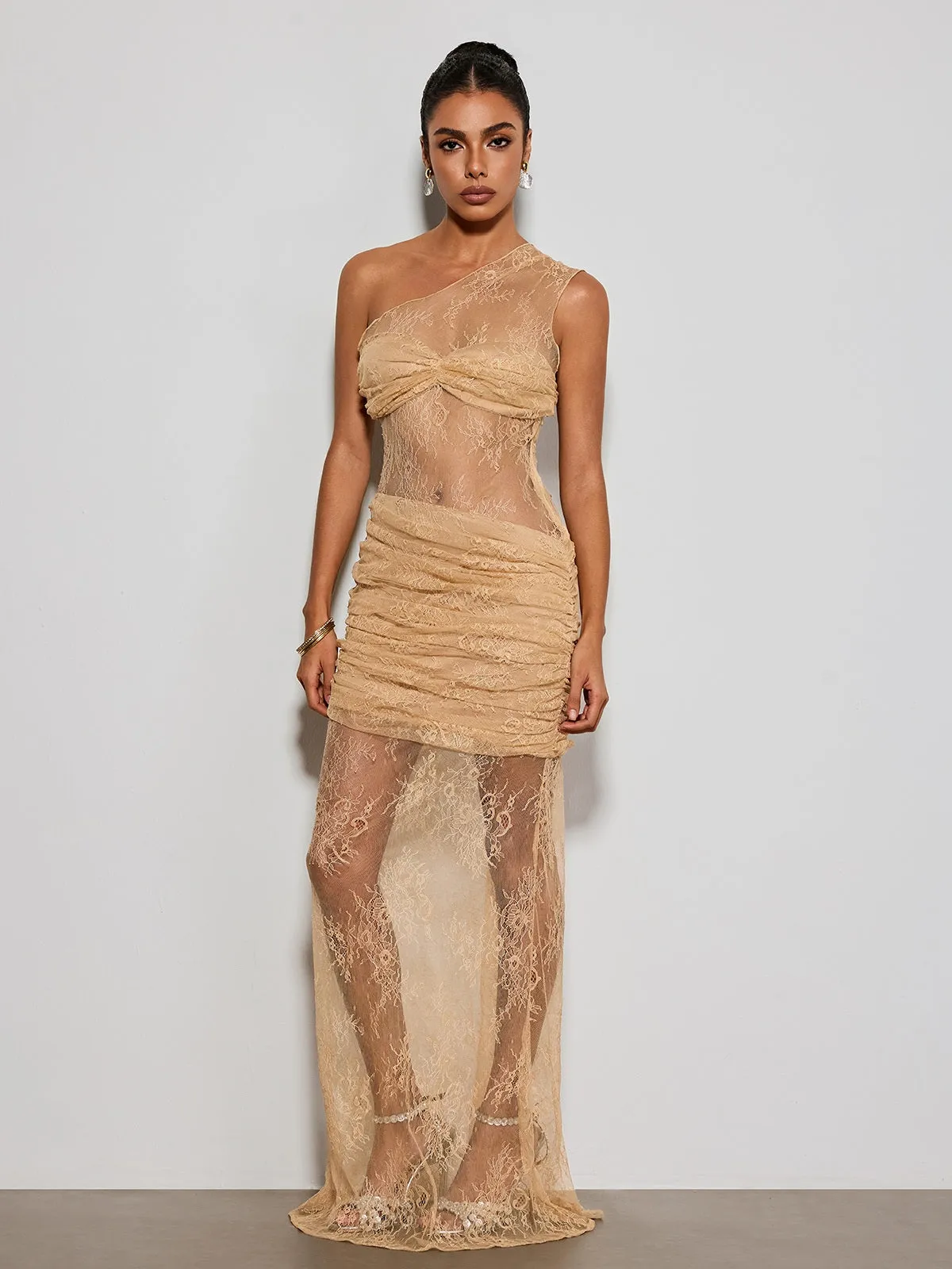 Deylor One Shoulder Lace Ruched Maxi Dress sold by Mew Mews product image thumbnail 4