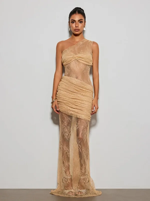 Deylor One Shoulder Lace Ruched Maxi Dress made by Mew Mews