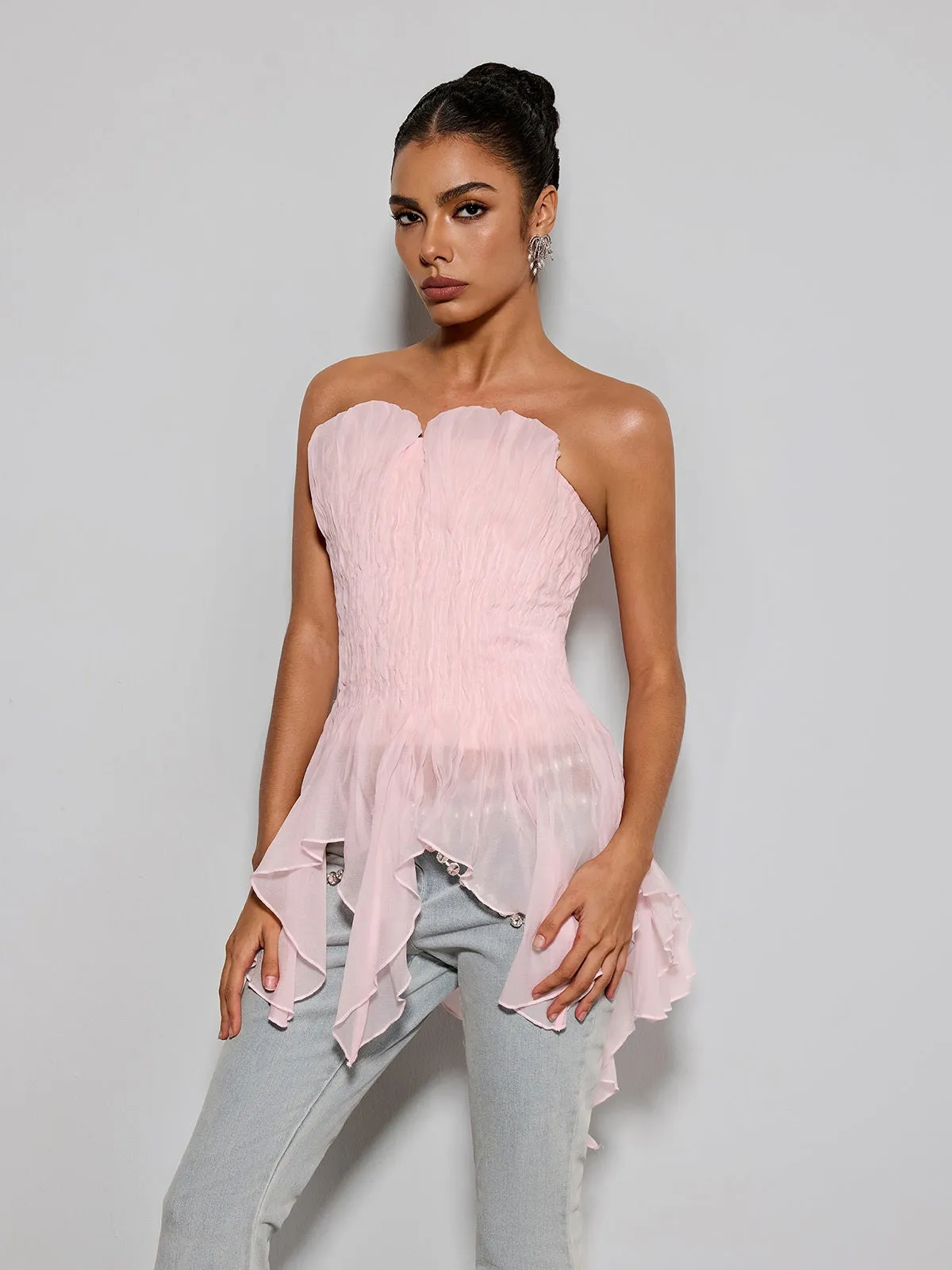 Emke Strapless Ruched Top In Pink sold by Mew Mews product image thumbnail 3