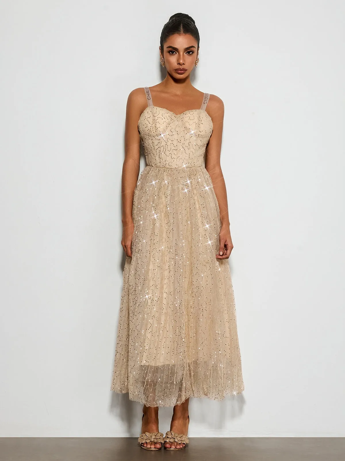 Belyric Mesh Sequin Flared Maxi Dress sold by Mew Mews