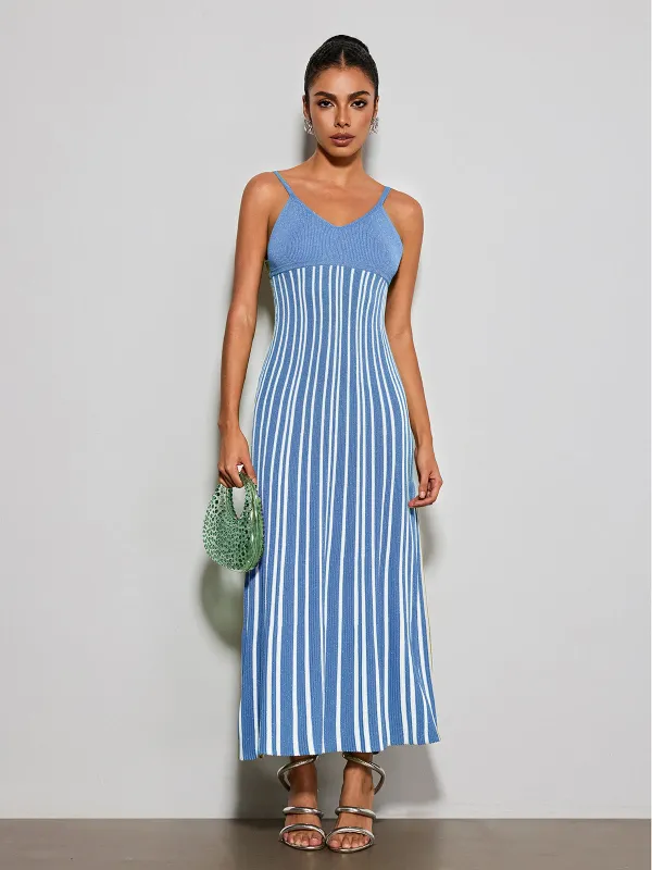 Esmery Spaghetti Stripe Knitted Dress In Blue made by Mew Mews
