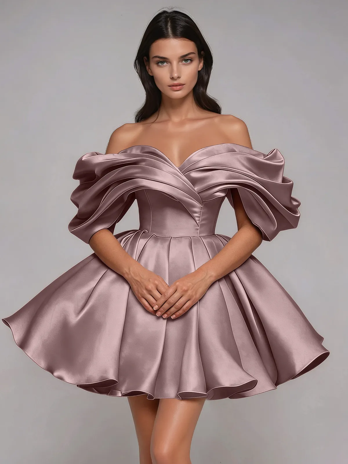 Torex Off Shoulder Ruched Flared Mini Dress In Pink sold by Mew Mews product image thumbnail 4