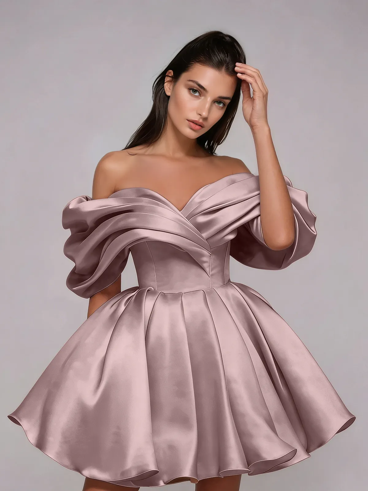 Torex Off Shoulder Ruched Flared Mini Dress In Pink sold by Mew Mews product image thumbnail 2