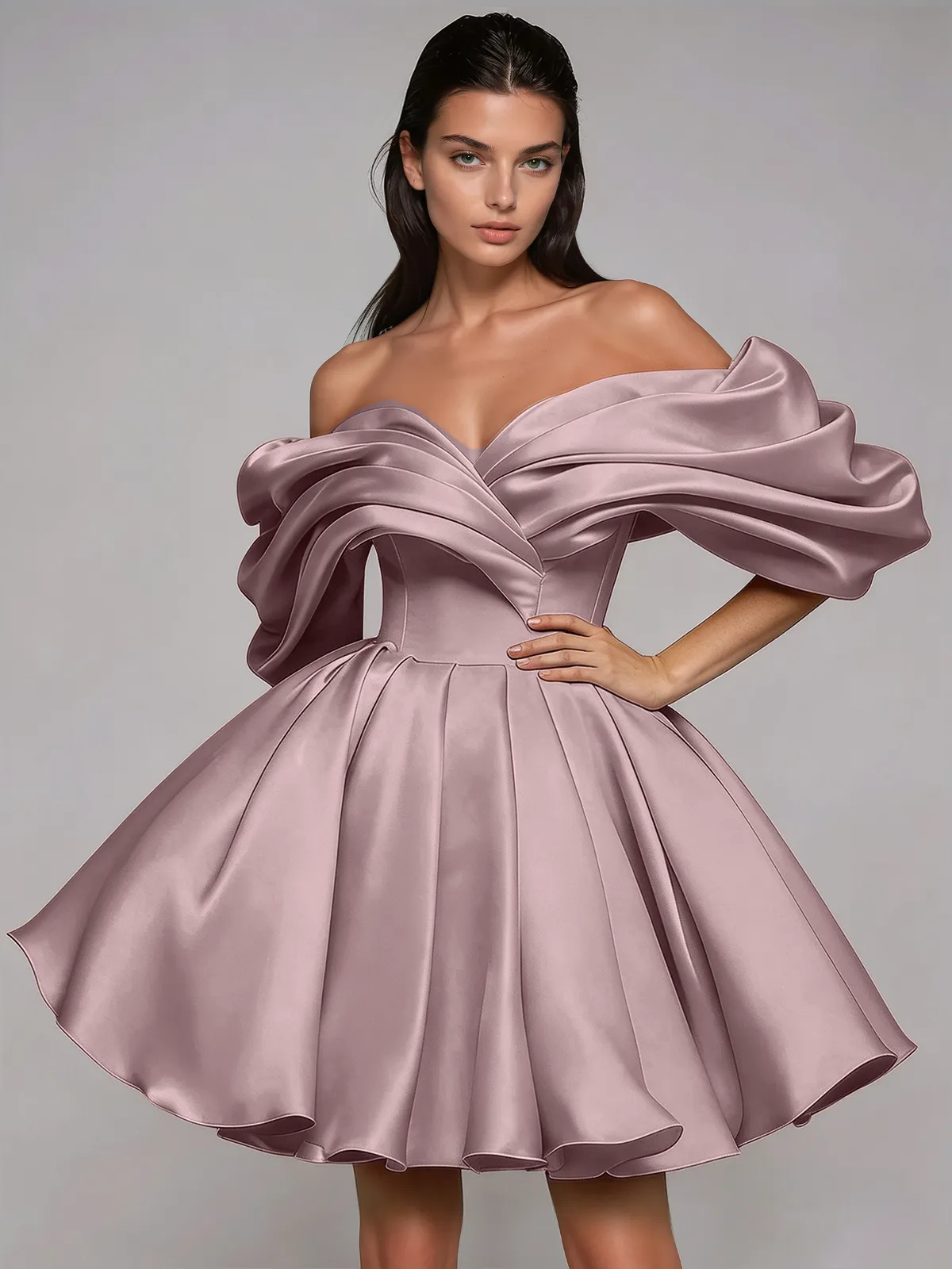 Torex Off Shoulder Ruched Flared Mini Dress In Pink sold by Mew Mews product image thumbnail 3