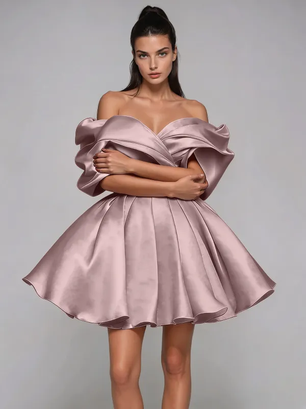 Torex Off Shoulder Ruched Flared Mini Dress In Pink made by Mew Mews