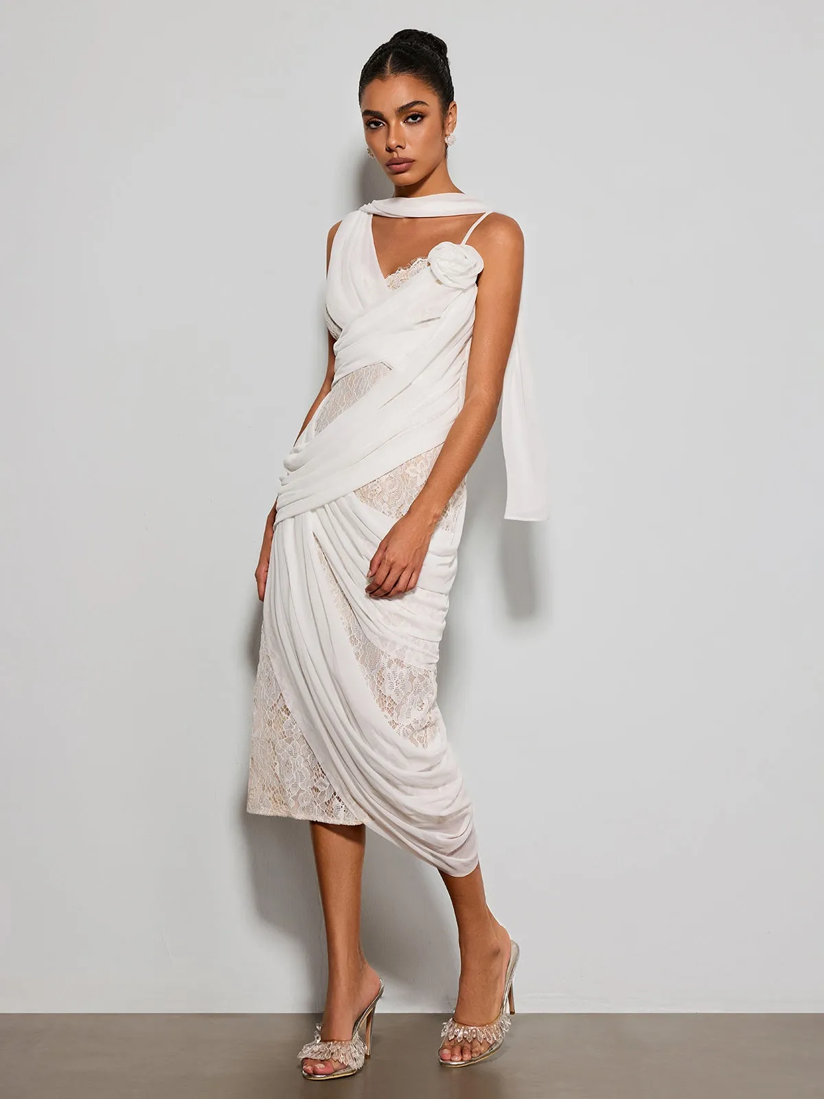 Lorendric Lace Draped Flower Midi Dress sold by Mew Mews product image thumbnail 4