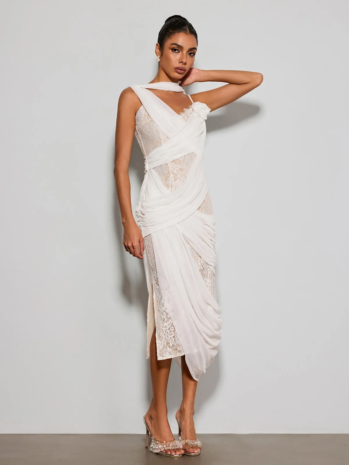 Lorendric Lace Draped Flower Midi Dress sold by Mew Mews product image thumbnail 5