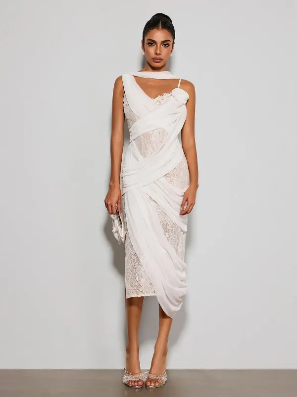 Lorendric Lace Draped Flower Midi Dress made by Mew Mews
