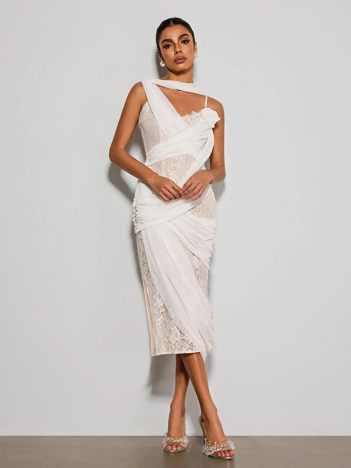 Lorendric Lace Draped Flower Midi Dress sold by Mew Mews product image thumbnail 3