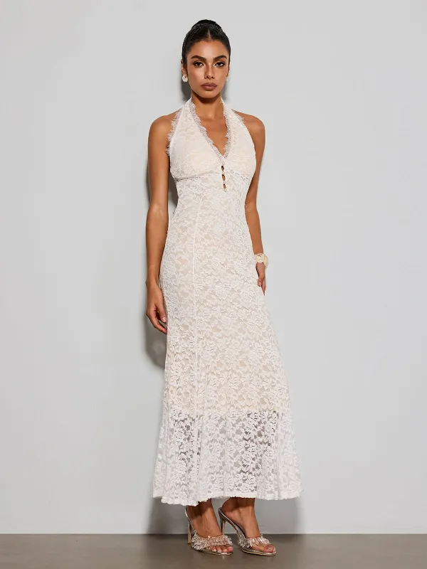 Quorveth Halterneck Lace Maxi Dress In White made by Mew Mews