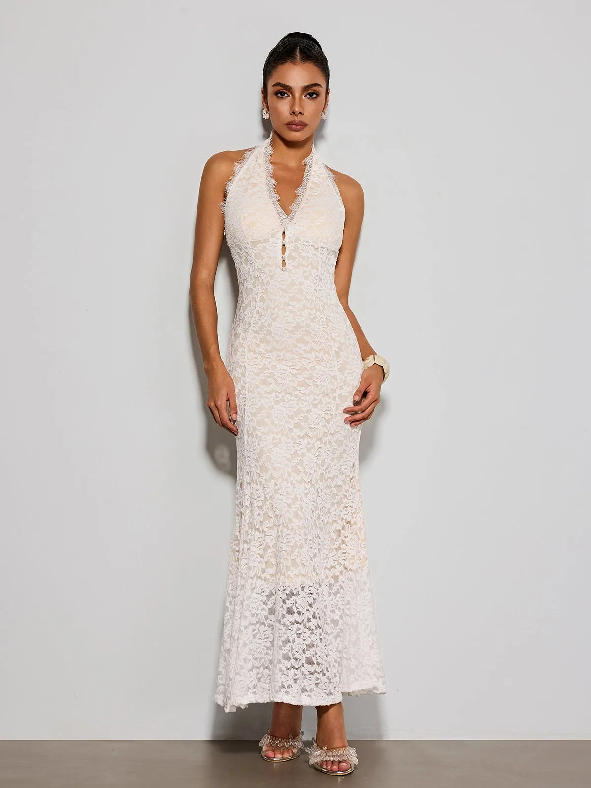Quorveth Halterneck Lace Maxi Dress In White sold by Mew Mews product image thumbnail 3