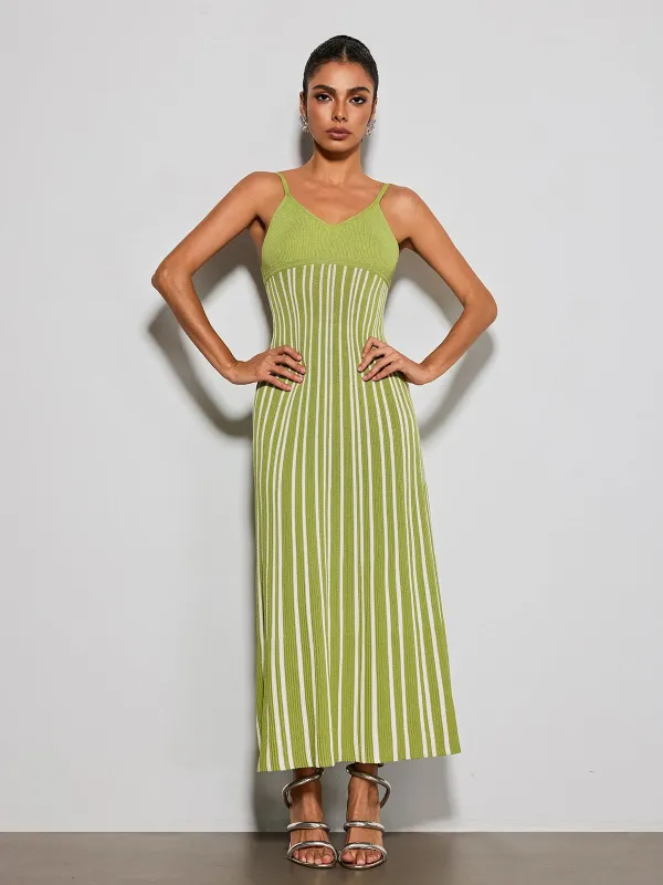 Esmery Spaghetti Stripe Knitted Dress In Green made by Mew Mews
