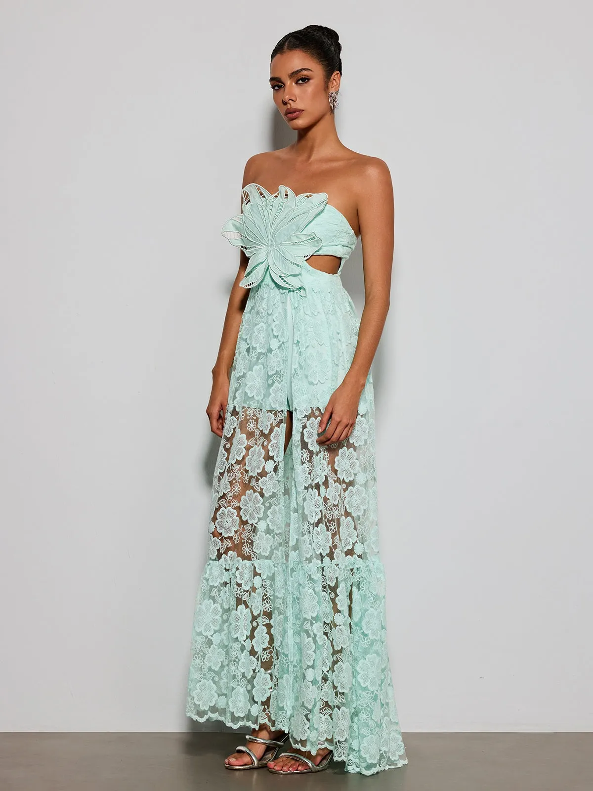 Ulvera Strapless Flower Cutout Maxi Dress In Green sold by Mew Mews product image thumbnail 4