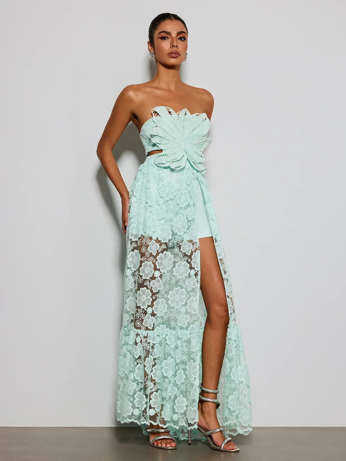 Ulvera Strapless Flower Cutout Maxi Dress In Green sold by Mew Mews product image thumbnail 5
