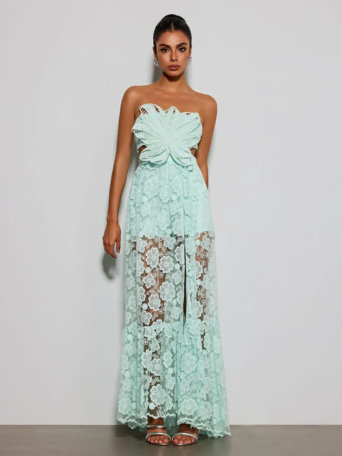 Ulvera Strapless Flower Cutout Maxi Dress In Green sold by Mew Mews
