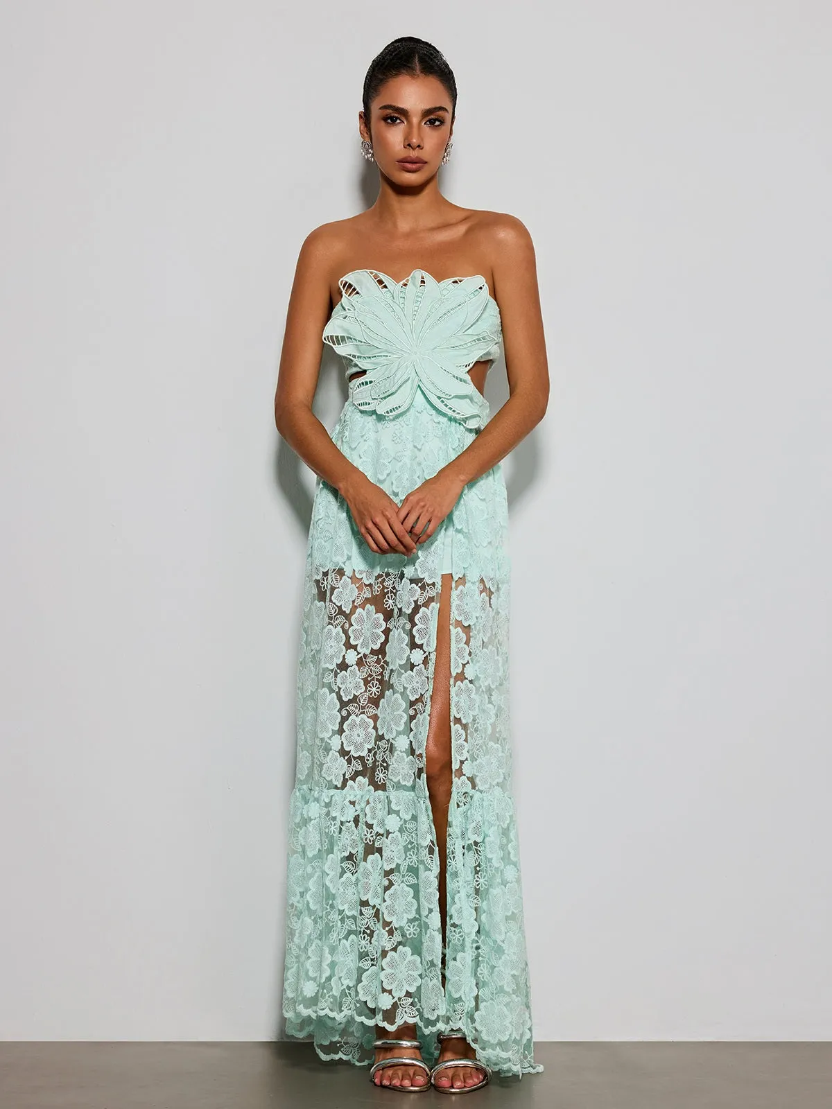 Ulvera Strapless Flower Cutout Maxi Dress In Green sold by Mew Mews product image thumbnail 3