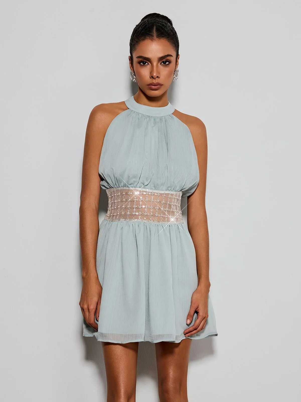 Devri Halterneck Sequin Pearl Mini Dress sold by Mew Mews