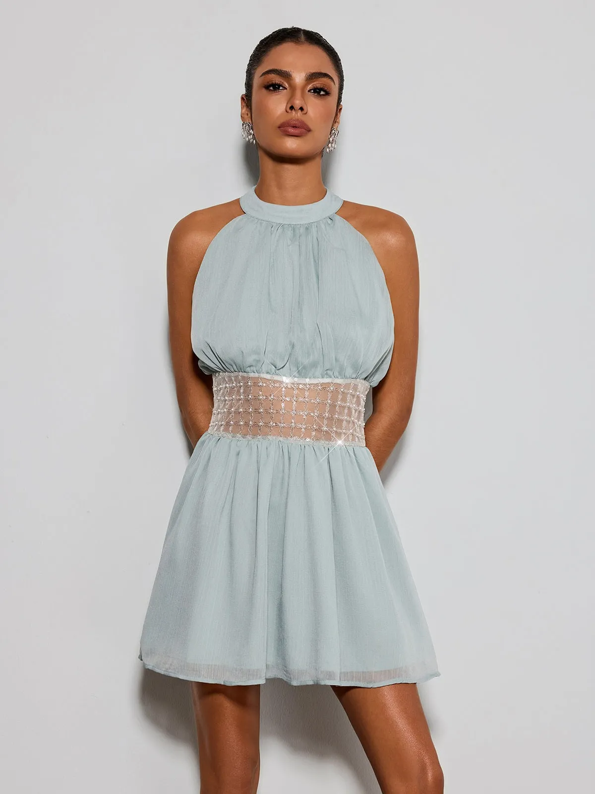 Devri Halterneck Sequin Pearl Mini Dress sold by Mew Mews product image thumbnail 4
