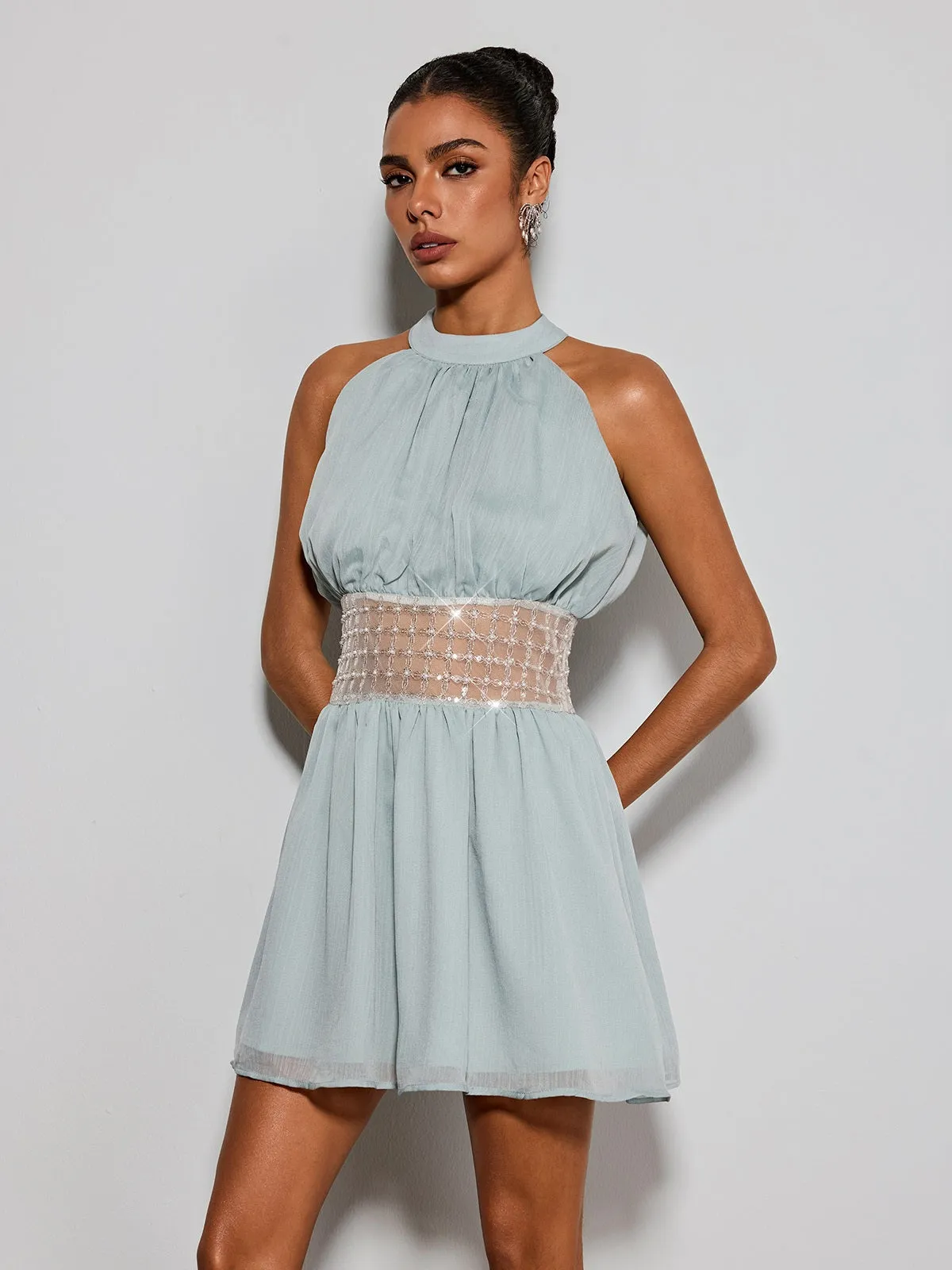 Devri Halterneck Sequin Pearl Mini Dress sold by Mew Mews product image thumbnail 2