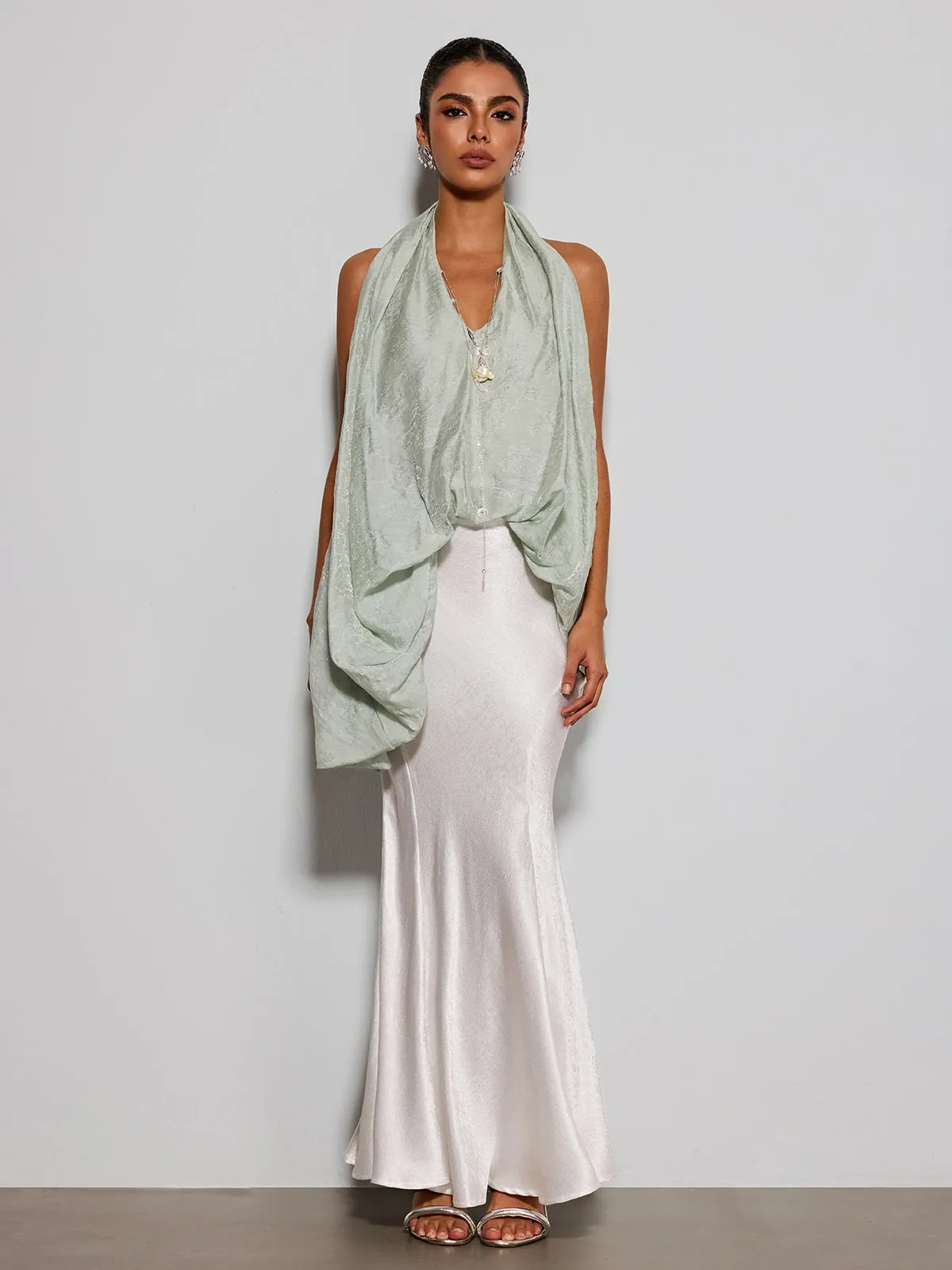 Eryngo Cowl Neck Satin Mermaid Skirt Set sold by Mew Mews
