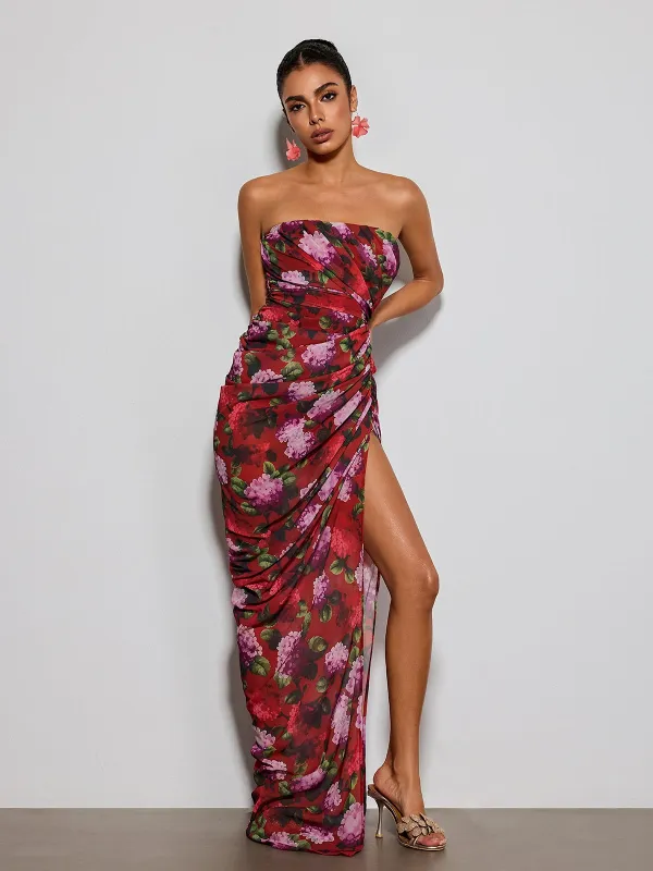 Helqyn Strapless Floral Split Maxi Dress made by Mew Mews