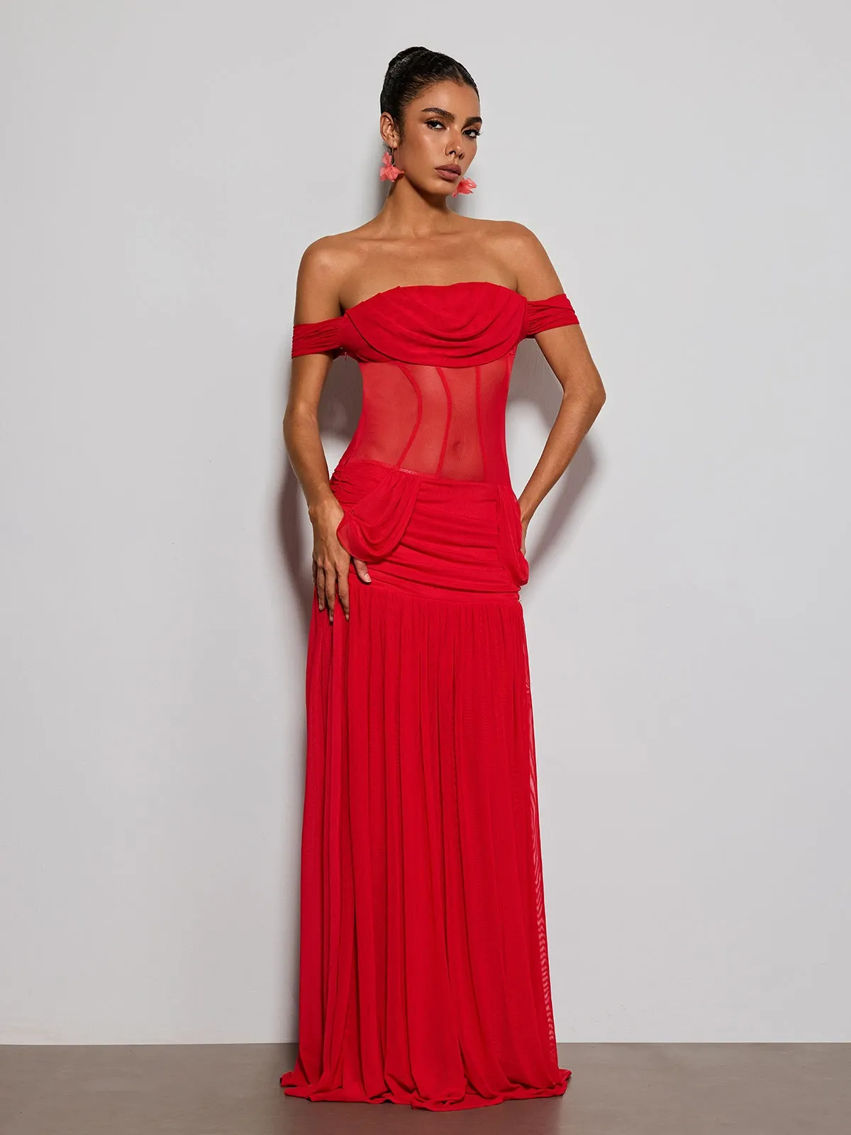Tivora Off Shoulder Mesh Ruched Maxi Dress sold by Mew Mews product image thumbnail 2