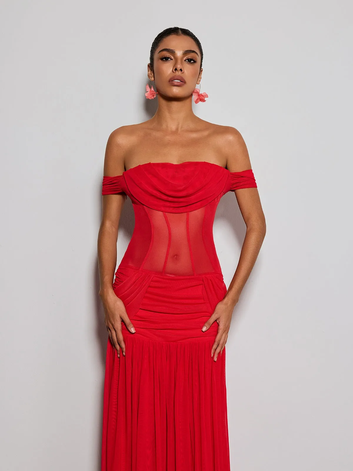 Tivora Off Shoulder Mesh Ruched Maxi Dress sold by Mew Mews product image thumbnail 5
