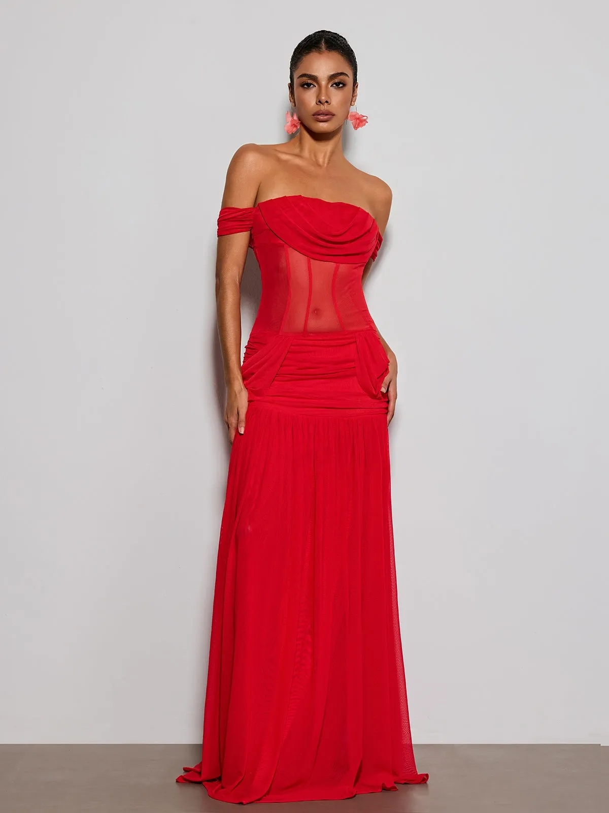 Tivora Off Shoulder Mesh Ruched Maxi Dress sold by Mew Mews product image thumbnail 3